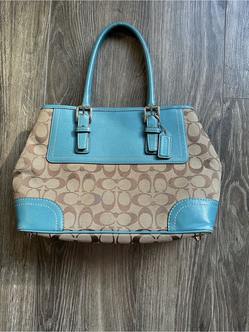 Coach Beige Signature Canvas Tote with Turquoise Leather Trim